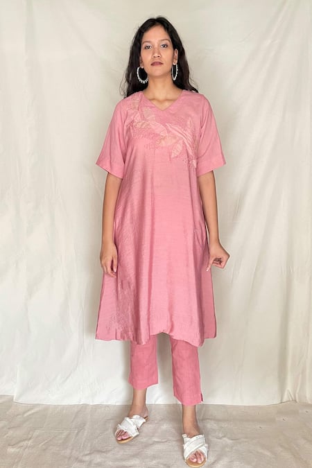 Chambray & CO. Pink Handwoven Cotton With Zari Checks, Vegan Silk V Embroidered Tunic Pants 