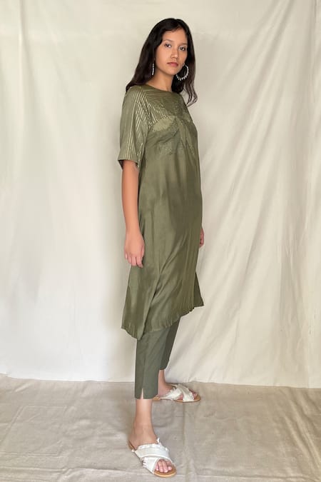 Chambray & CO._Green Chanderi Tissue, Vegan Silk Round Embroidered Tunic_Online_at_Aza_Fashions