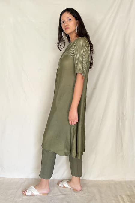 Buy_Chambray & CO._Green Chanderi Tissue, Vegan Silk Round Embroidered Tunic_Online_at_Aza_Fashions