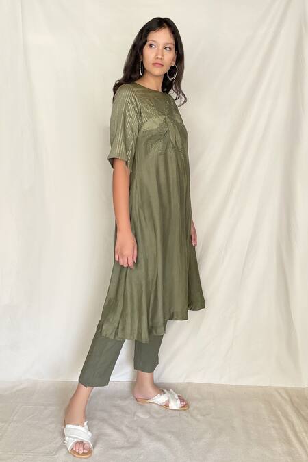 Shop_Chambray & CO._Green Chanderi Tissue, Vegan Silk Round Embroidered Tunic_Online_at_Aza_Fashions