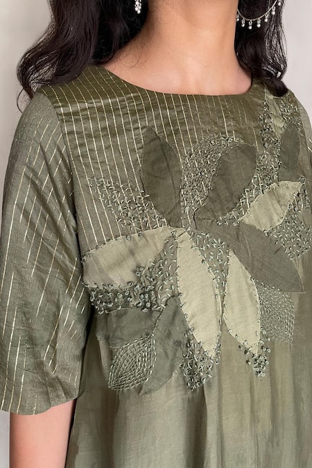 Chambray & CO._Green Chanderi Tissue, Vegan Silk Round Embroidered Tunic_at_Aza_Fashions