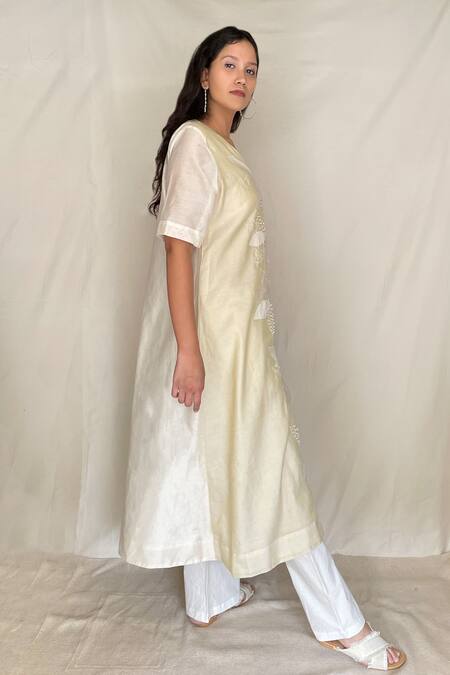 Chambray & CO. White Chanderi Tissue, Vegan Silk V Neck Embroidered Tunic Online at Aza Fashions Chambray & CO._White Chanderi Tissue, Vegan Silk V Neck Embroidered Tunic _Online_at_Aza_Fashions