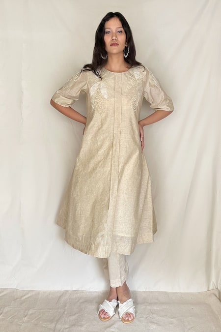 Chambray & CO. Beige Chanderi Tissue, Vegan Silk Round Embroidered Tunic 