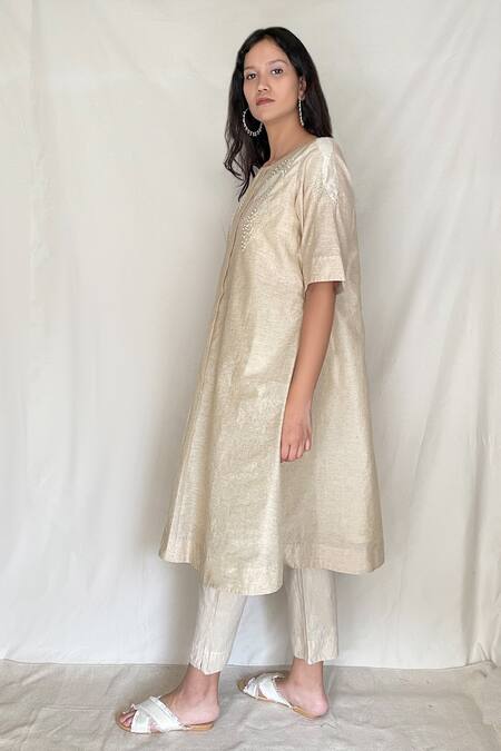 Buy Chambray & CO. Beige Chanderi Tissue, Vegan Silk Round Embroidered Tunic Online at Aza Fashions Buy_Chambray & CO._Beige Chanderi Tissue, Vegan Silk Round Embroidered Tunic _Online_at_Aza_Fashions