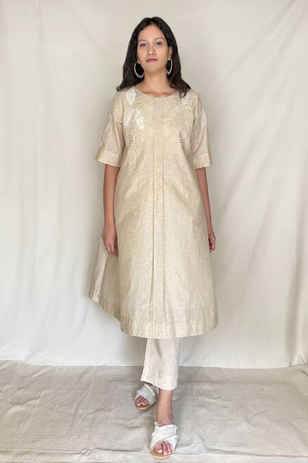 Shop Chambray & CO. Beige Chanderi Tissue, Vegan Silk Round Embroidered Tunic Online at Aza Fashions Shop_Chambray & CO._Beige Chanderi Tissue, Vegan Silk Round Embroidered Tunic _Online_at_Aza_Fashions