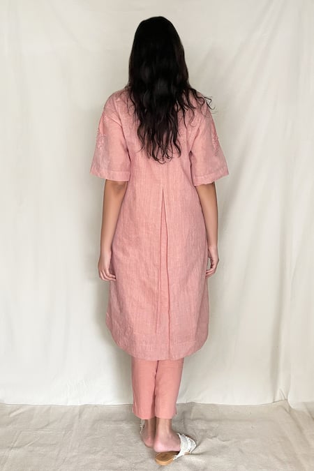 Shop Chambray & CO. Pink Chanderi Tissue, Vegan Silk Round Embroidered Tunic at Aza Fashions Shop_Chambray & CO._Pink Chanderi Tissue, Vegan Silk Round Embroidered Tunic _at_Aza_Fashions