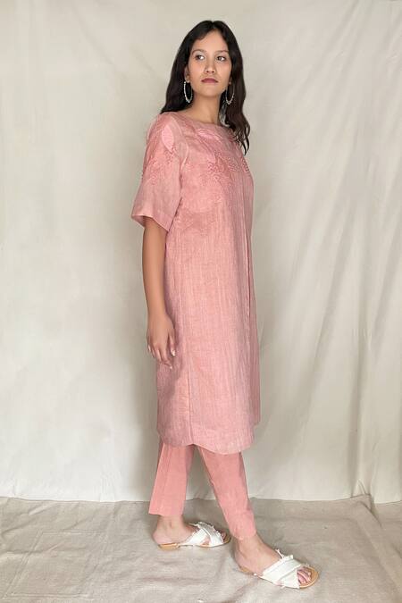 Chambray & CO. Pink Chanderi Tissue, Vegan Silk Round Embroidered Tunic Online at Aza Fashions Chambray & CO._Pink Chanderi Tissue, Vegan Silk Round Embroidered Tunic _Online_at_Aza_Fashions