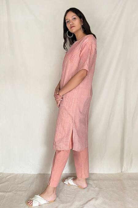 Buy Chambray & CO. Pink Chanderi Tissue, Vegan Silk Round Embroidered Tunic Online at Aza Fashions Buy_Chambray & CO._Pink Chanderi Tissue, Vegan Silk Round Embroidered Tunic _Online_at_Aza_Fashions