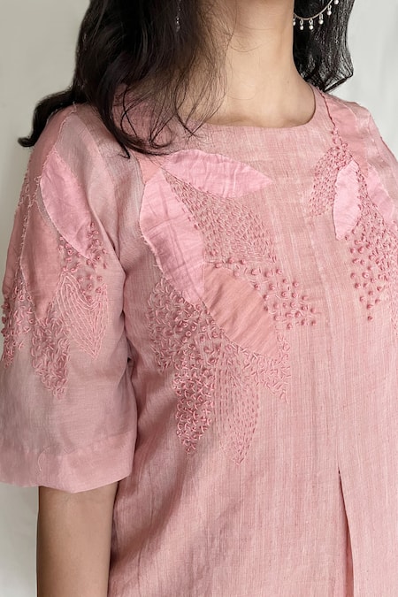 Shop Chambray & CO. Pink Chanderi Tissue, Vegan Silk Round Embroidered Tunic Online at Aza Fashions Shop_Chambray & CO._Pink Chanderi Tissue, Vegan Silk Round Embroidered Tunic _Online_at_Aza_Fashions