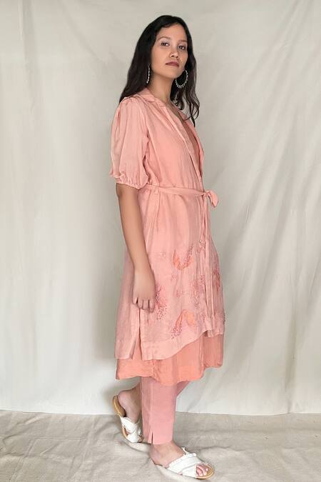 Chambray & CO. Pink Chanderi Tissue, Vegan Silk Tunic V-neckjacket Embroidered Jacket And Set Online at Aza Fashions Chambray & CO._Pink Chanderi Tissue, Vegan Silk Tunic V-neckjacket Embroidered Jacket And Set _Online_at_Aza_Fashions