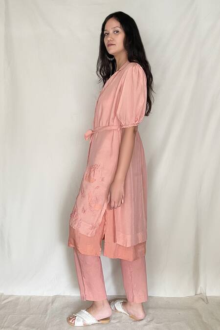 Buy Chambray & CO. Pink Chanderi Tissue, Vegan Silk Tunic V-neckjacket Embroidered Jacket And Set Online at Aza Fashions Buy_Chambray & CO._Pink Chanderi Tissue, Vegan Silk Tunic V-neckjacket Embroidered Jacket And Set _Online_at_Aza_Fashions
