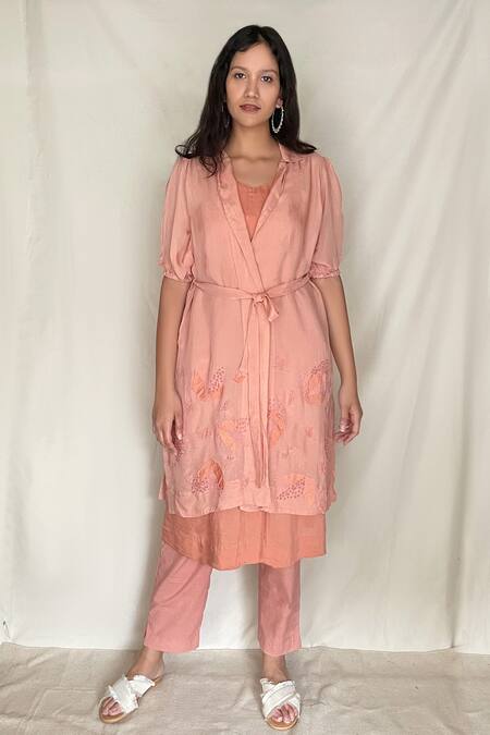 Shop Chambray & CO. Pink Chanderi Tissue, Vegan Silk Tunic V-neckjacket Embroidered Jacket And Set Online at Aza Fashions Shop_Chambray & CO._Pink Chanderi Tissue, Vegan Silk Tunic V-neckjacket Embroidered Jacket And Set _Online_at_Aza_Fashions