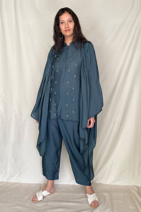 Chambray & Co. Blue Chanderi Tissue Embroidery Mandarin Collar Kaftan Tunic 