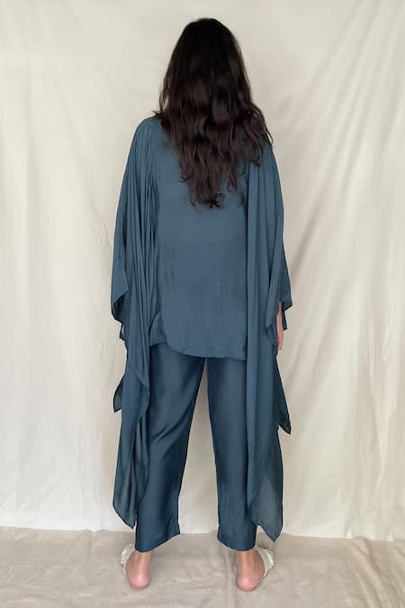 Shop Chambray & CO. Blue Chanderi Tissue, Vegan Silk Mandarin Collar Embroidered Kaftan Tunic at Aza Fashions Shop_Chambray & CO._Blue Chanderi Tissue, Vegan Silk Mandarin Collar Embroidered Kaftan Tunic _at_Aza_Fashions