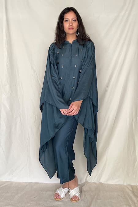 Buy Chambray & CO. Blue Chanderi Tissue, Vegan Silk Mandarin Collar Embroidered Kaftan Tunic Online at Aza Fashions Buy_Chambray & CO._Blue Chanderi Tissue, Vegan Silk Mandarin Collar Embroidered Kaftan Tunic _Online_at_Aza_Fashions