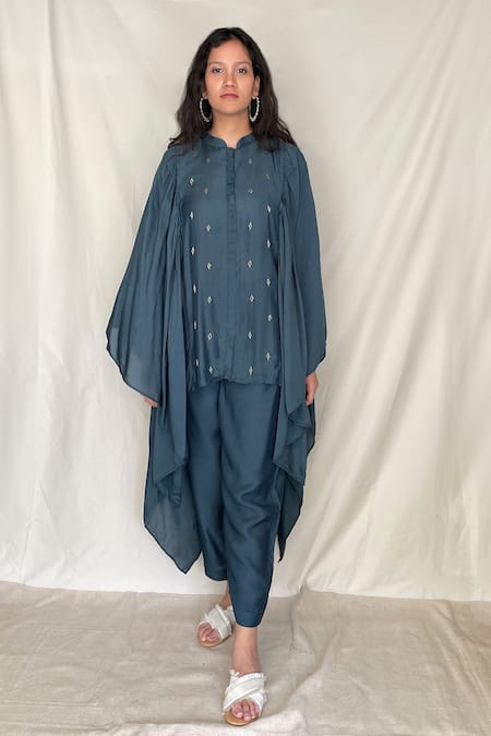 Shop Chambray & CO. Blue Chanderi Tissue, Vegan Silk Mandarin Collar Embroidered Kaftan Tunic Online at Aza Fashions Shop_Chambray & CO._Blue Chanderi Tissue, Vegan Silk Mandarin Collar Embroidered Kaftan Tunic _Online_at_Aza_Fashions