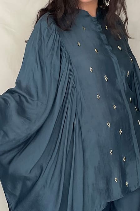 Chambray & CO. Blue Chanderi Tissue, Vegan Silk Mandarin Collar Embroidered Kaftan Tunic at Aza Fashions Chambray & CO._Blue Chanderi Tissue, Vegan Silk Mandarin Collar Embroidered Kaftan Tunic _at_Aza_Fashions