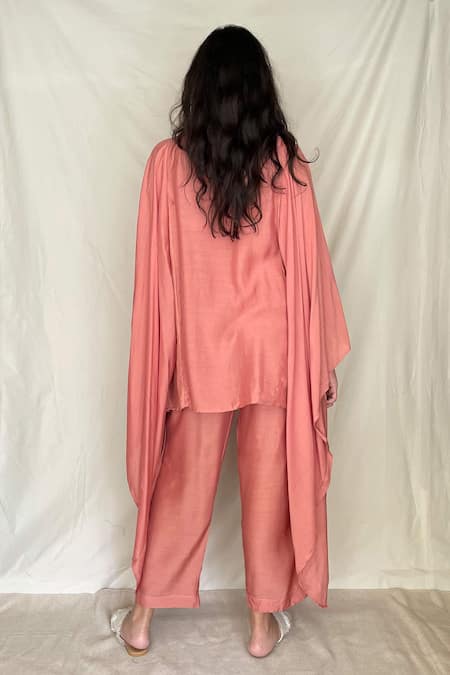 Shop Chambray & CO. Pink Chanderi Tissue, Vegan Silk Mandarin Collar Embroidered Kaftan Tunic at Aza Fashions Shop_Chambray & CO._Pink Chanderi Tissue, Vegan Silk Mandarin Collar Embroidered Kaftan Tunic _at_Aza_Fashions