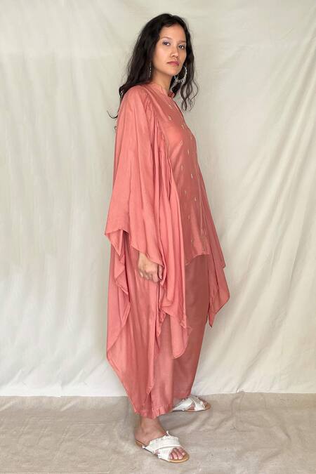 Chambray & CO. Pink Chanderi Tissue, Vegan Silk Mandarin Collar Embroidered Kaftan Tunic Online at Aza Fashions Chambray & CO._Pink Chanderi Tissue, Vegan Silk Mandarin Collar Embroidered Kaftan Tunic _Online_at_Aza_Fashions