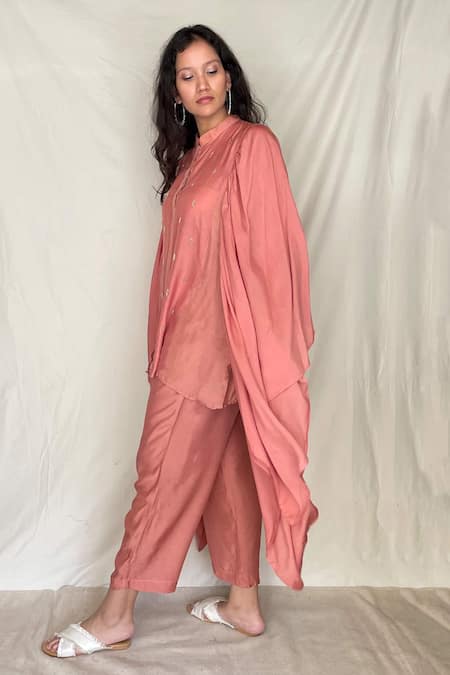 Buy Chambray & CO. Pink Chanderi Tissue, Vegan Silk Mandarin Collar Embroidered Kaftan Tunic Online at Aza Fashions Buy_Chambray & CO._Pink Chanderi Tissue, Vegan Silk Mandarin Collar Embroidered Kaftan Tunic _Online_at_Aza_Fashions