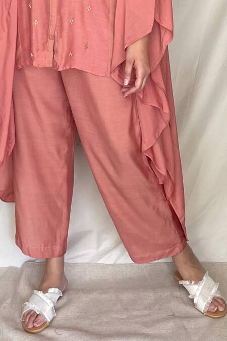 Shop Chambray & CO. Pink Chanderi Tissue, Vegan Silk Mandarin Collar Embroidered Kaftan Tunic Online at Aza Fashions Shop_Chambray & CO._Pink Chanderi Tissue, Vegan Silk Mandarin Collar Embroidered Kaftan Tunic _Online_at_Aza_Fashions