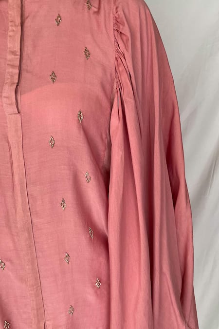 Chambray & CO. Pink Chanderi Tissue, Vegan Silk Mandarin Collar Embroidered Kaftan Tunic at Aza Fashions Chambray & CO._Pink Chanderi Tissue, Vegan Silk Mandarin Collar Embroidered Kaftan Tunic _at_Aza_Fashions