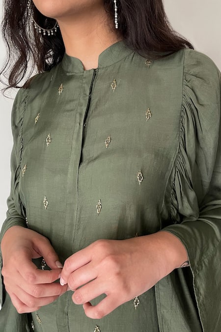 Chambray & CO. Pink Chanderi Tissue, Vegan Silk Mandarin Collar Embroidered Kaftan Tunic at Aza Fashions Chambray & CO._Pink Chanderi Tissue, Vegan Silk Mandarin Collar Embroidered Kaftan Tunic _at_Aza_Fashions