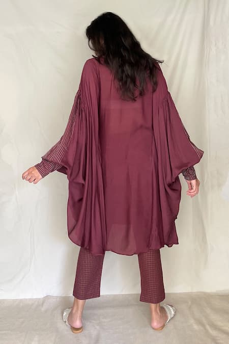 Shop Chambray & CO. Maroon Chanderi Tissue, Vegan Silk V Neck Embroidered Asymmetric Tunic at Aza Fashions Shop_Chambray & CO._Maroon Chanderi Tissue, Vegan Silk V Neck Embroidered Asymmetric Tunic_at_Aza_Fashions
