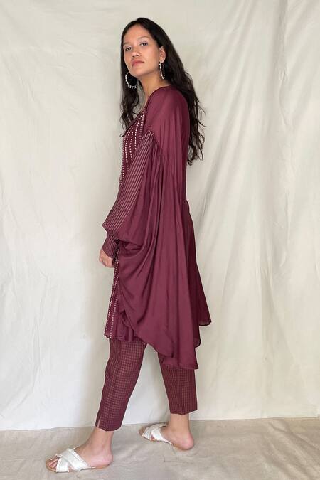 Chambray & CO. Maroon Chanderi Tissue, Vegan Silk V Neck Embroidered Asymmetric Tunic Online at Aza Fashions Chambray & CO._Maroon Chanderi Tissue, Vegan Silk V Neck Embroidered Asymmetric Tunic_Online_at_Aza_Fashions