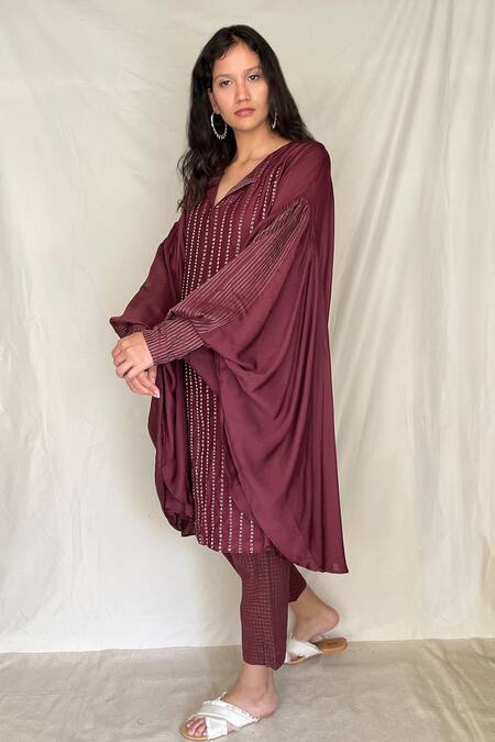 Shop Chambray & CO. Maroon Chanderi Tissue, Vegan Silk V Neck Embroidered Asymmetric Tunic Online at Aza Fashions Shop_Chambray & CO._Maroon Chanderi Tissue, Vegan Silk V Neck Embroidered Asymmetric Tunic_Online_at_Aza_Fashions