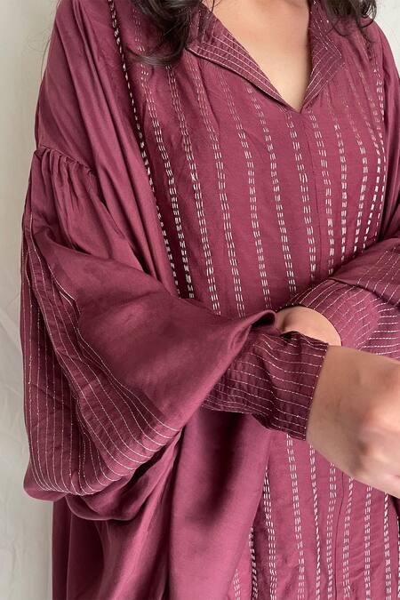 Chambray & CO. Maroon Chanderi Tissue, Vegan Silk V Neck Embroidered Asymmetric Tunic at Aza Fashions Chambray & CO._Maroon Chanderi Tissue, Vegan Silk V Neck Embroidered Asymmetric Tunic_at_Aza_Fashions