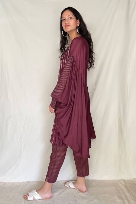 Chambray & Co._Maroon Chanderi Tissue, Vegan Silk V Embroidered Asymmetric Tunic With Pants_Online_at_Aza_Fashions