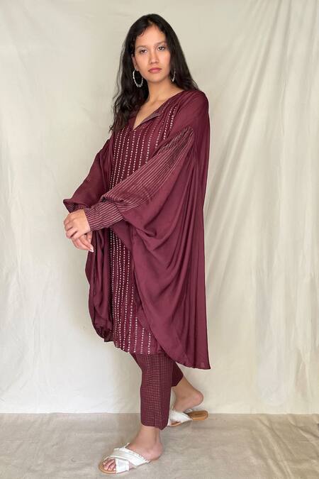 Buy_Chambray & Co._Maroon Chanderi Tissue, Vegan Silk V Embroidered Asymmetric Tunic With Pants_Online_at_Aza_Fashions
