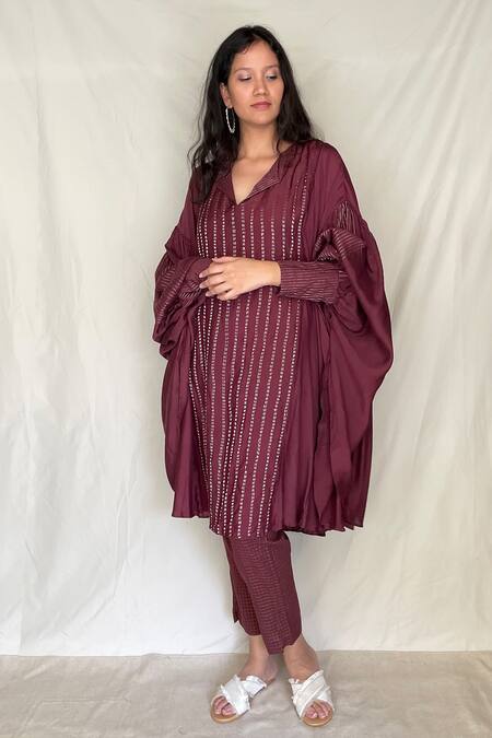 Shop_Chambray & Co._Maroon Chanderi Tissue, Vegan Silk V Embroidered Asymmetric Tunic With Pants_Online_at_Aza_Fashions