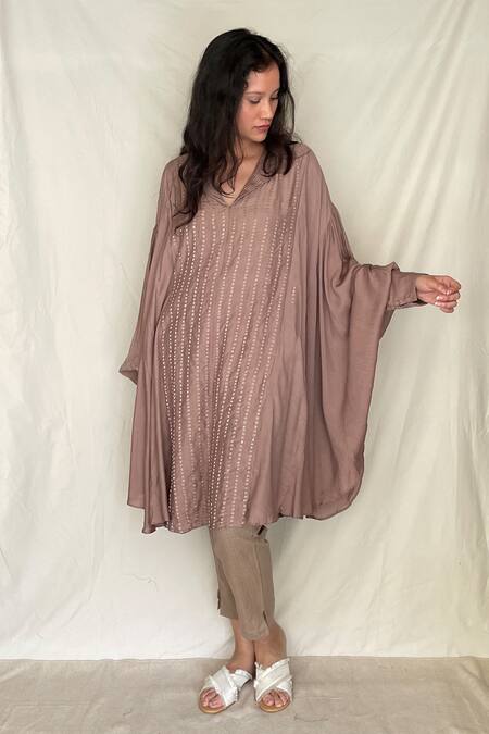 Buy_Chambray & CO._Beige Chanderi Tissue, Vegan Silk V Neck Embroidered Tunic_Online_at_Aza_Fashions