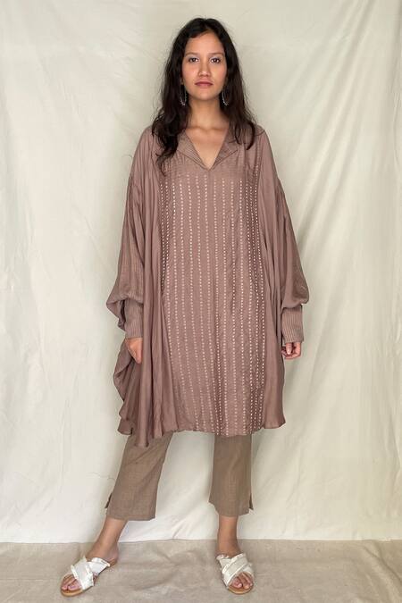 Shop_Chambray & CO._Beige Chanderi Tissue, Vegan Silk V Neck Embroidered Tunic_Online_at_Aza_Fashions