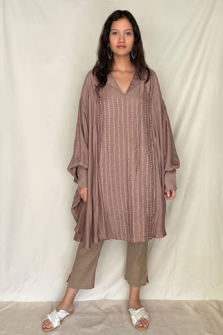 Chambray & Co. Beige Chanderi Tissue Embroidery V Neck Tunic With Pant 