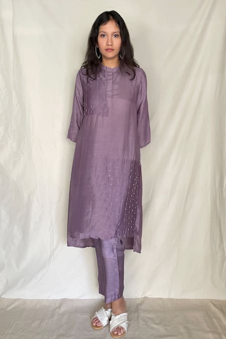 Chambray & CO._Purple Chanderi Tissue, Vegan Silk Mandarin Collar Embroidered Tunic_Online_at_Aza_Fashions
