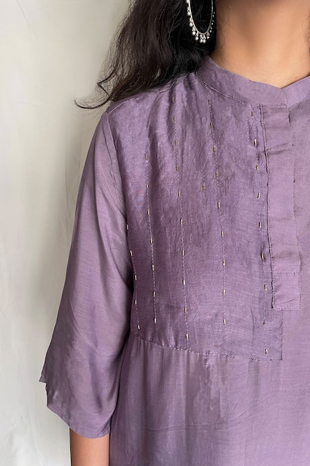 Buy_Chambray & CO._Purple Chanderi Tissue, Vegan Silk Mandarin Collar Embroidered Tunic_Online_at_Aza_Fashions