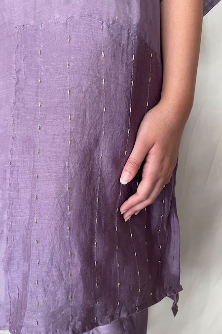Shop_Chambray & CO._Purple Chanderi Tissue, Vegan Silk Mandarin Collar Embroidered Tunic_Online_at_Aza_Fashions