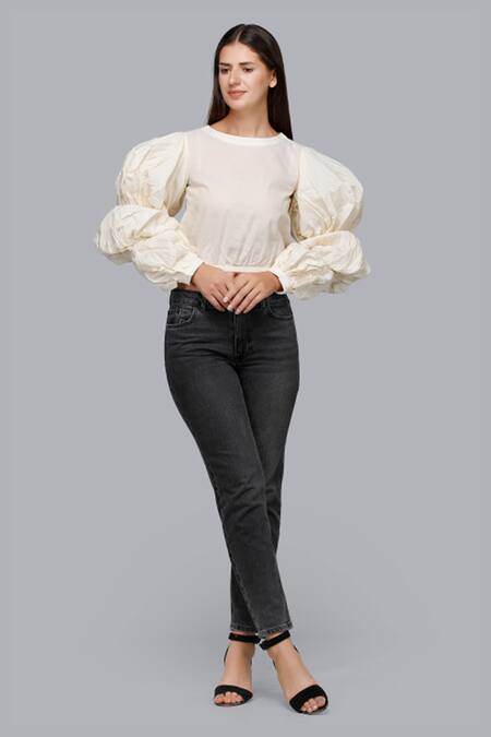Buy_Gulabo By Abu Sandeep_White Kora Cotton Bubble Sleeve Crop Top_Online_at_Aza_Fashions