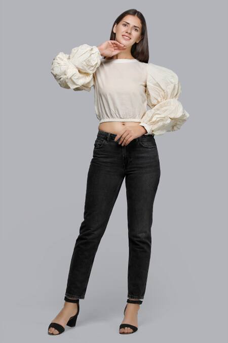 Shop_Gulabo By Abu Sandeep_White Kora Cotton Bubble Sleeve Crop Top_Online_at_Aza_Fashions