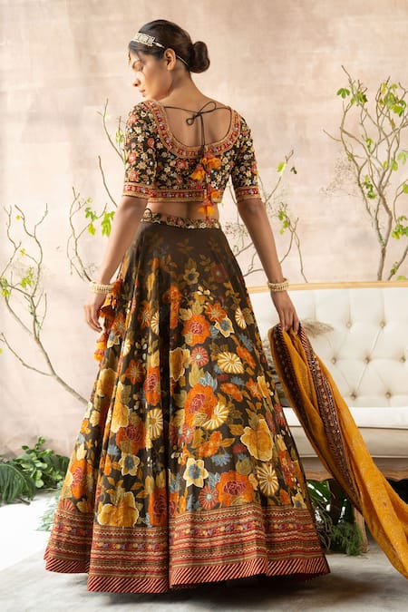 Shop Kalista Brown Lehenga And Blouse Dola Silk Dupatta Chanderi Scoop Printed Bridal Set at Aza Fashions Shop_Kalista_Brown Lehenga And Blouse Dola Silk Dupatta Chanderi Scoop Printed Bridal Set _at_Aza_Fashions