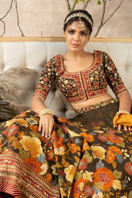 Kalista Brown Lehenga And Blouse Dola Silk Dupatta Chanderi Scoop Printed Bridal Set Online at Aza Fashions Kalista_Brown Lehenga And Blouse Dola Silk Dupatta Chanderi Scoop Printed Bridal Set _Online_at_Aza_Fashions