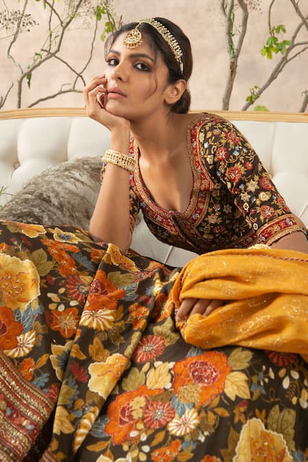 Buy Kalista Brown Lehenga And Blouse Dola Silk Dupatta Chanderi Scoop Printed Bridal Set Online at Aza Fashions Buy_Kalista_Brown Lehenga And Blouse Dola Silk Dupatta Chanderi Scoop Printed Bridal Set _Online_at_Aza_Fashions