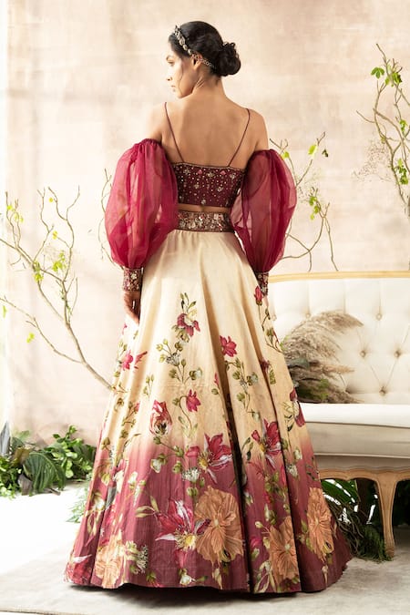 Shop Kalista Maroon Dola Silk Sleeves Organza Sweetheart Neck Printed Lehenga And Blouse Set at Aza Fashions Shop_Kalista_Maroon Dola Silk Sleeves Organza Sweetheart Neck Printed Lehenga And Blouse Set _at_Aza_Fashions