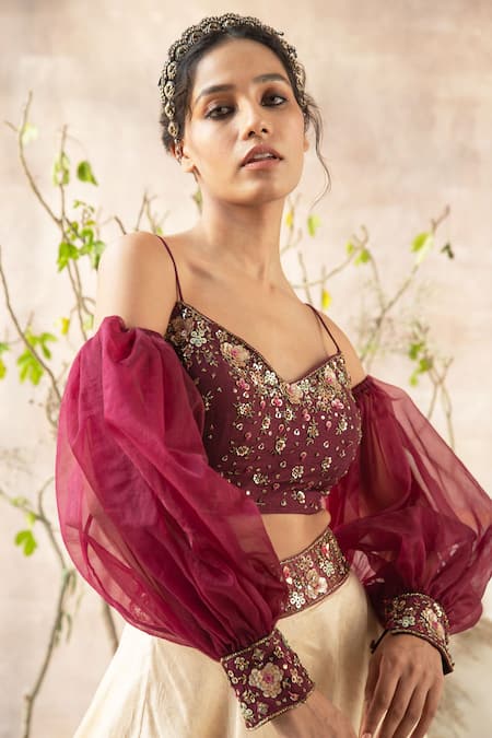 Buy Kalista Maroon Dola Silk Sleeves Organza Sweetheart Neck Printed Lehenga And Blouse Set Online at Aza Fashions Buy_Kalista_Maroon Dola Silk Sleeves Organza Sweetheart Neck Printed Lehenga And Blouse Set _Online_at_Aza_Fashions