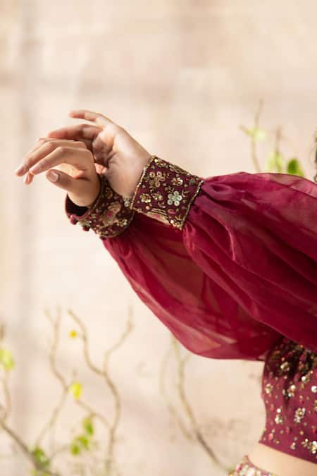 Shop Kalista Maroon Dola Silk Sleeves Organza Sweetheart Neck Printed Lehenga And Blouse Set Online at Aza Fashions Shop_Kalista_Maroon Dola Silk Sleeves Organza Sweetheart Neck Printed Lehenga And Blouse Set _Online_at_Aza_Fashions