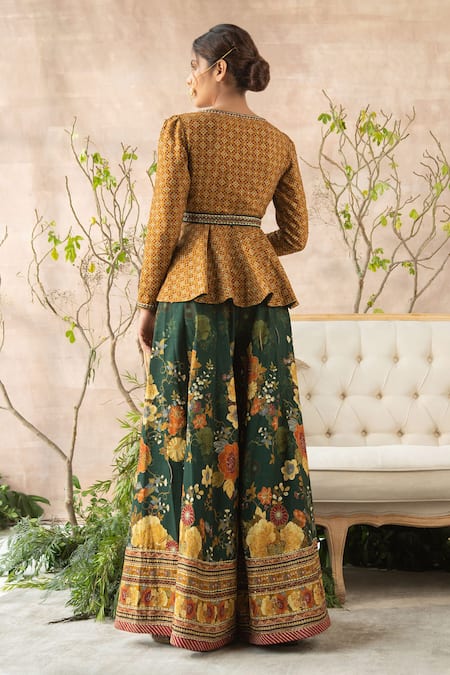 Shop_Kalista_Yellow Dola Silk V Neck Embroidered Peplum Kurta And Gharara Set _at_Aza_Fashions