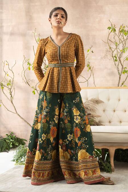 Kalista_Yellow Dola Silk V Neck Embroidered Peplum Kurta And Gharara Set _Online_at_Aza_Fashions